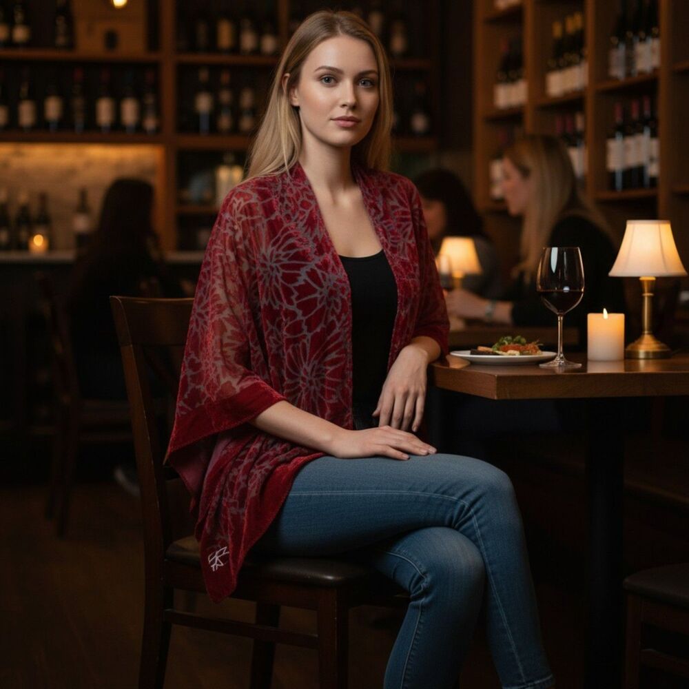 NWT Marc New York Velvet Burnout Kimono Red Floral Ruana Wrap OS